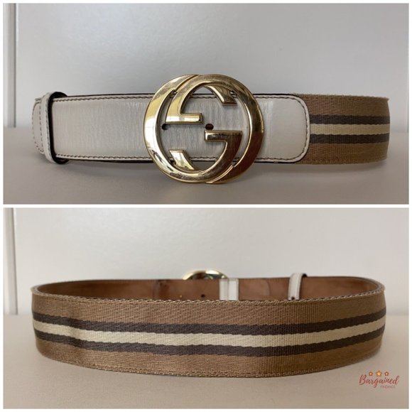 Authentic Gucci Web Canvas Leather Gold Interlocking G Buckle Belt 80/32 114876 - Picture 6 of 13